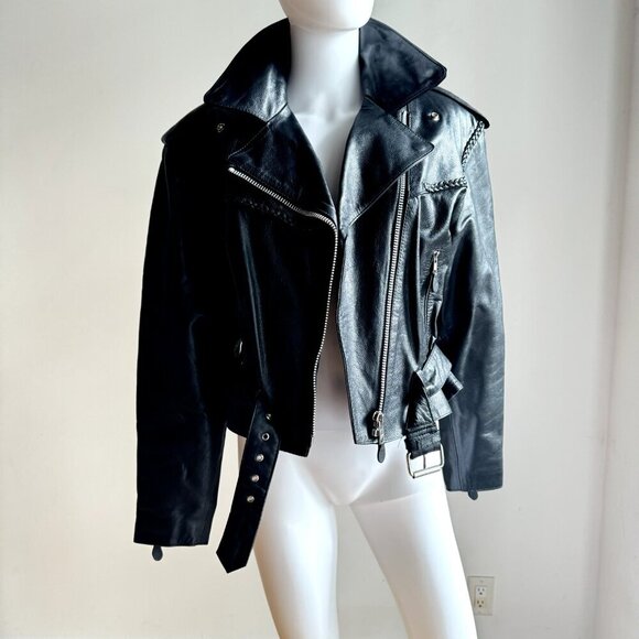 Vintage Black Leather Braided Detail Motorcycle Jacket M/L - Picture 4 of 10